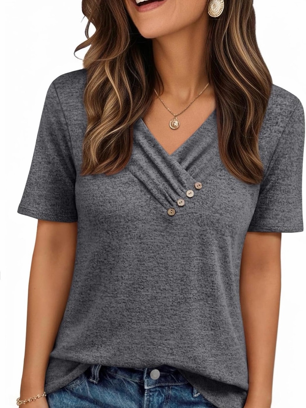 Women’s Gray Short Sleeve V-Neck Top with Button Accent